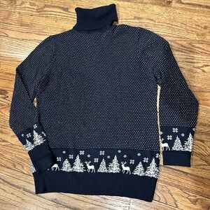 LL Bean Fair Isle Cotton Cashmere Sweater Navy Blue Turtleneck Deer Small 503413